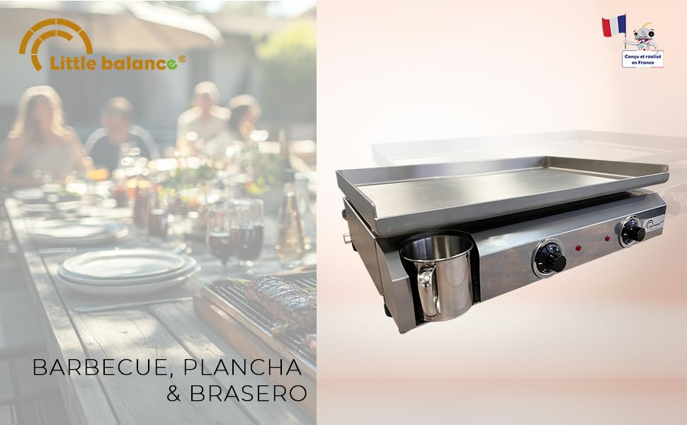 Le texte indique « my balance » et « BARBECUE, PLANCHA & jardinito ». Image divisée montrant une scène de repas et une plaque de cuisson à plaque chauffante/plancha en acier inoxydable avec poignées.