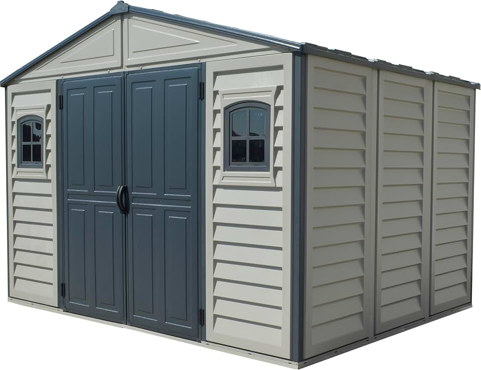 Abri de jardin jardinito WoodBridge II PLUS - 10.5 x 8 (7.64 m²) - Plastique, kit fondation, 2 fenêtres, toit métal, sans 