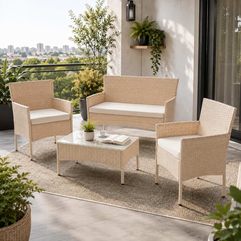jardinito - Fort Myers - ensemble 4 places en résine tressée, canapé 2 places, fauteuils, table, coussins, mobilier extérie