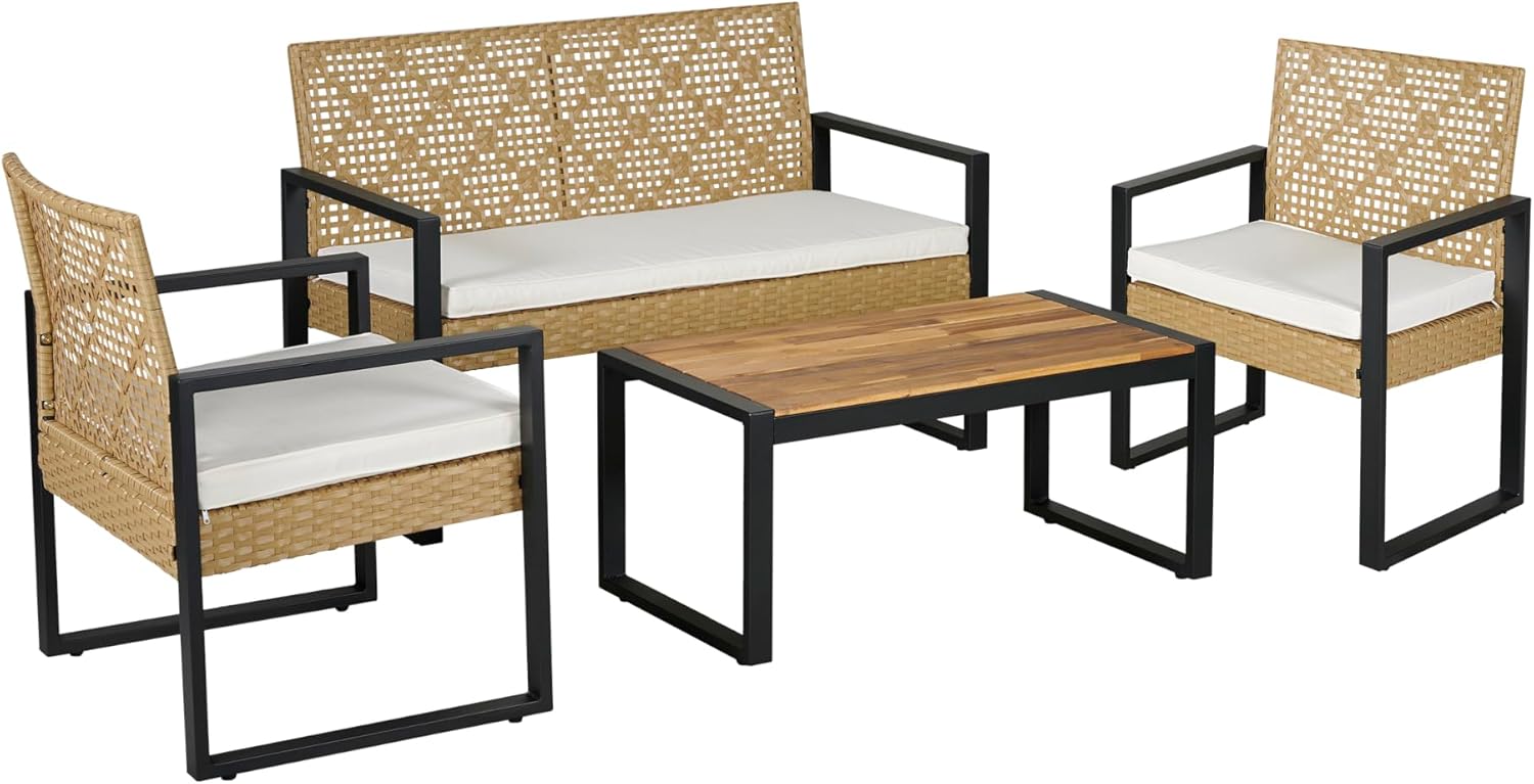 jardinito - Salon de jardin 4 pièces, acier/acacia, 2 chaises + banc, beige/naturel