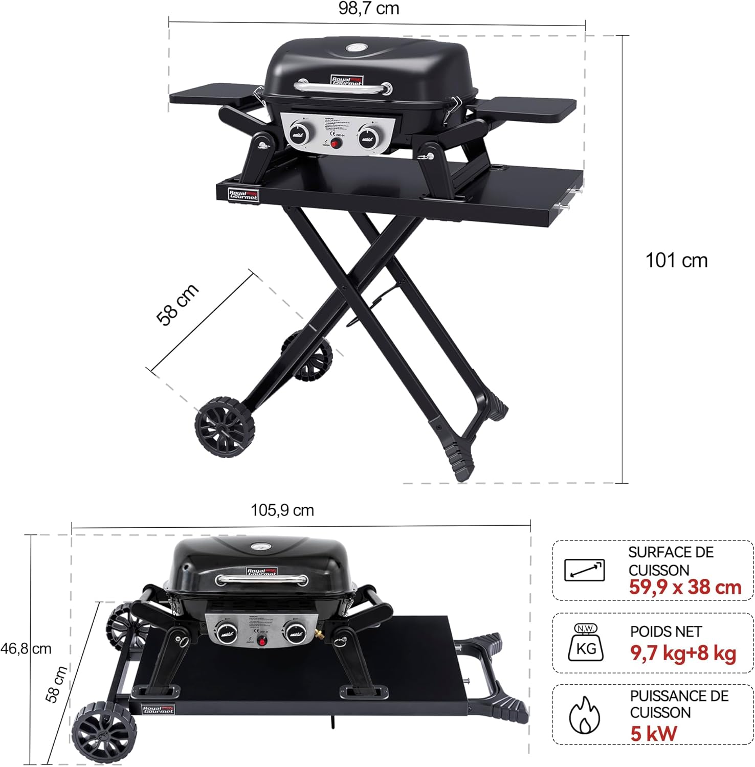 jardinito - barbecue gaz portable - 48x37 cm - 2 brûleurs, tables pliantes, chariot détachable, 5kW