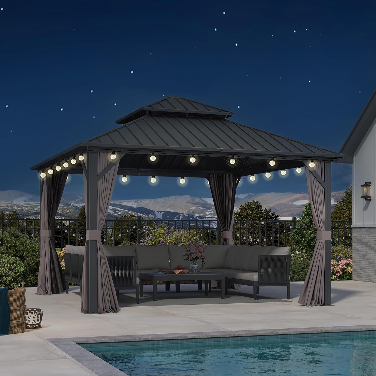 jardinito Tonnelle de Jardin Extérieur 3,65 x 3,65 m avec Guirlande Lumineuse, Pavillon Aluminium à Double Toit en Acier Galvanisé, Pergola Jardin Extérieur avec Rideaux pour Fête, Barbecue, Gris