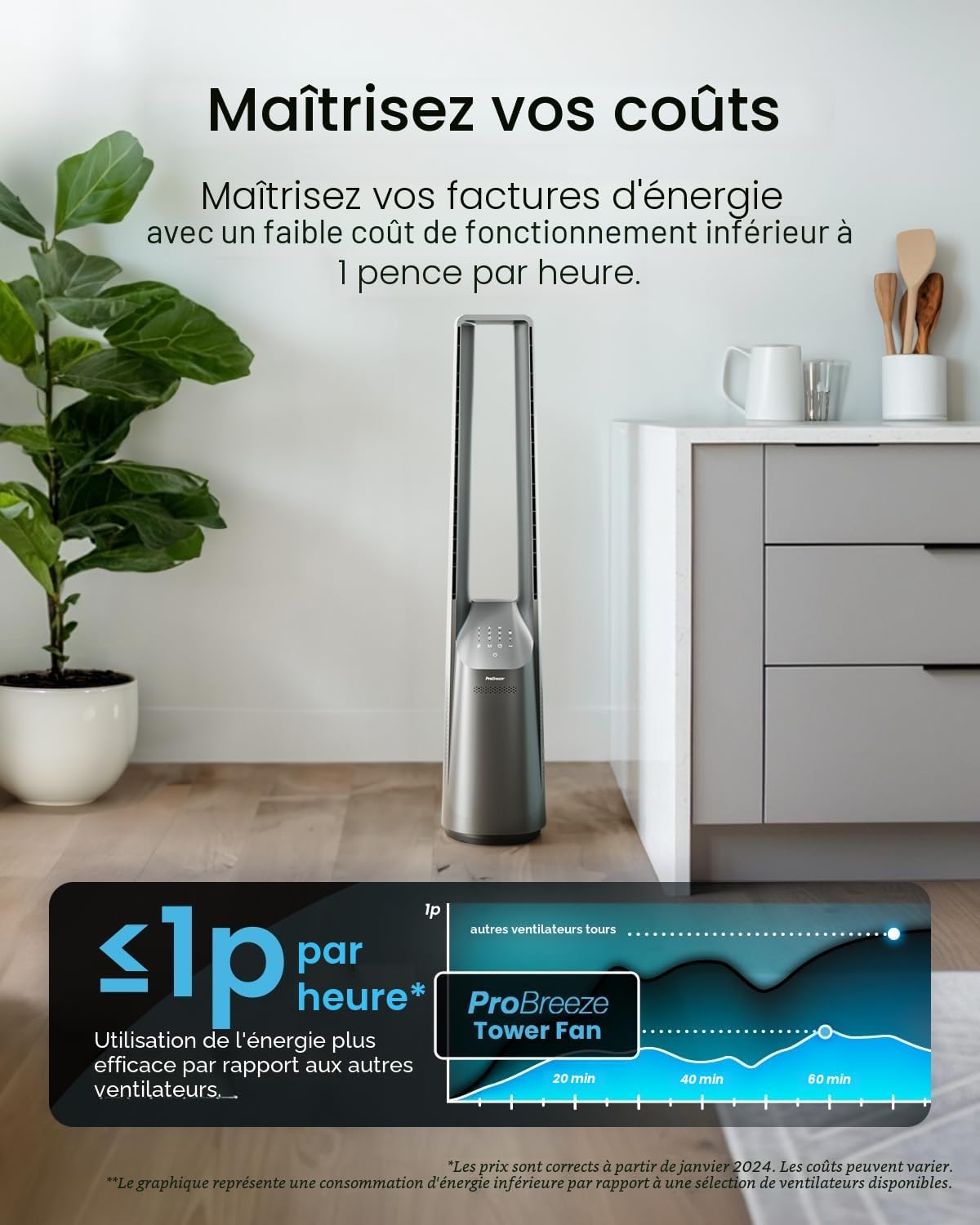 jardinito - Ventilateur tour 101 cm, 6 vitesses, oscillant, silencieux