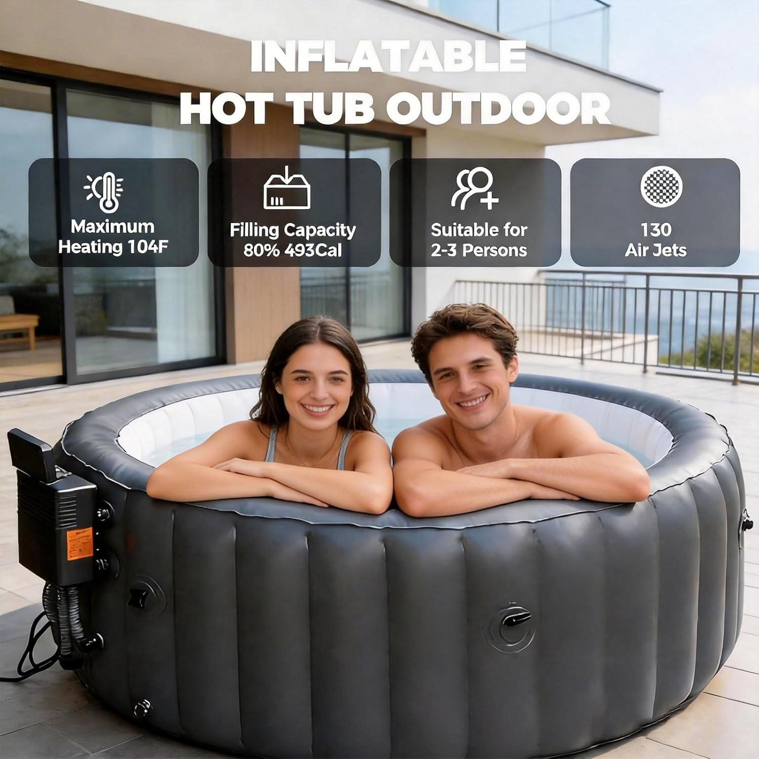Spa Gonflable, Spa Extérieur, Spa Portable, Chauffe Jusqu'à 42°c/104°f, 150 Jets d'air, 3-4 Personnes, avec Filtration par Recirculation, pour Patio, Jardin Et Extérieur