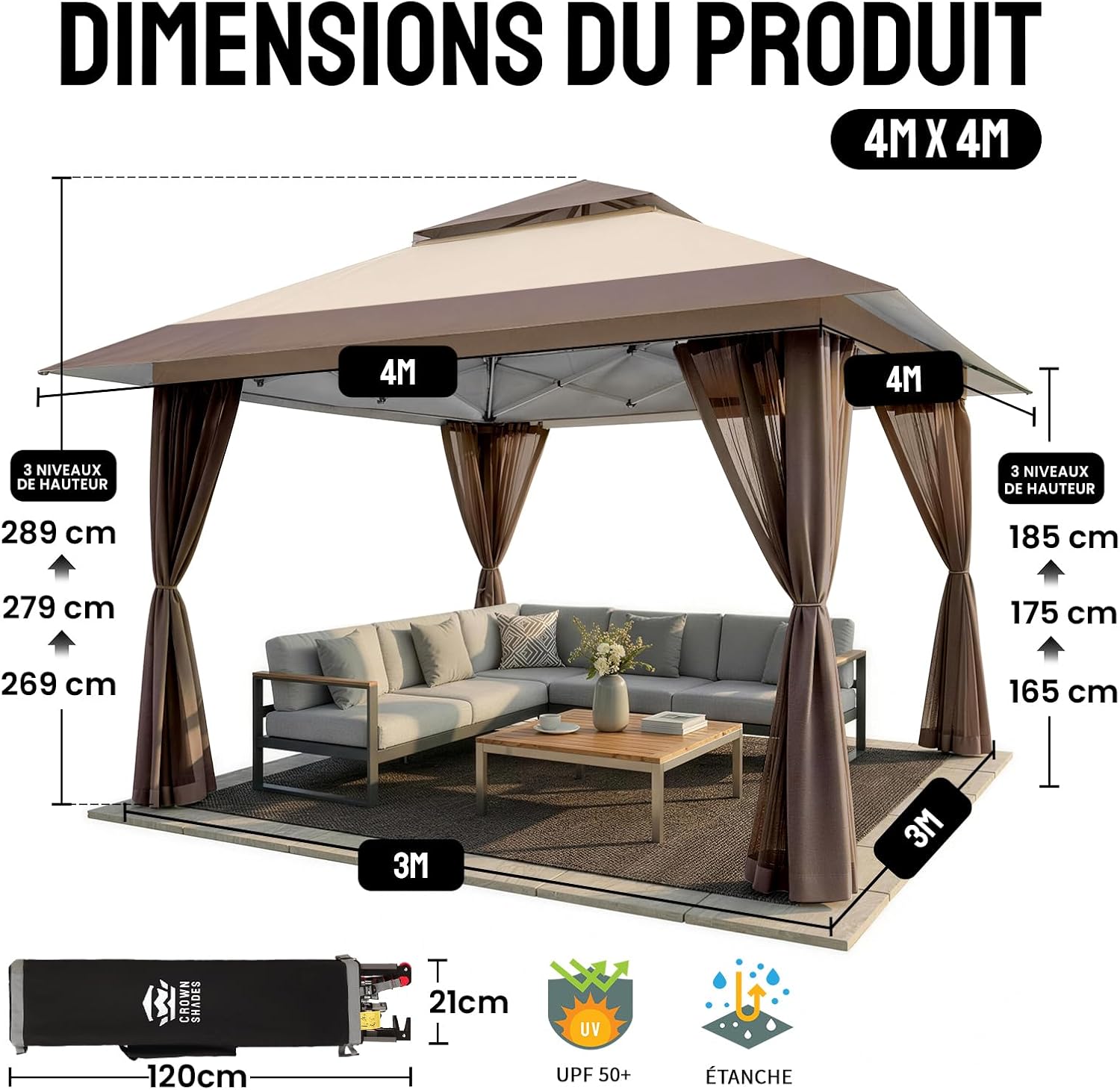 jardinito Tonnelle de Jardin 4 x 4 m, Pop Up Gezebo Exterieur Imperméable, Abri de Jardin Réglable en Hauteur, Double Toit avec Côtés en Maille Zippée, Sac de Transport, Beige