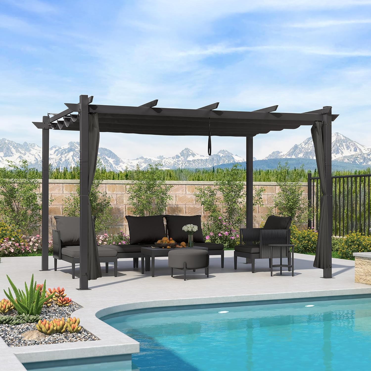 jardinito - Pergola Aluminium - 4x3m - Rideau, toit rétractable, imperméable