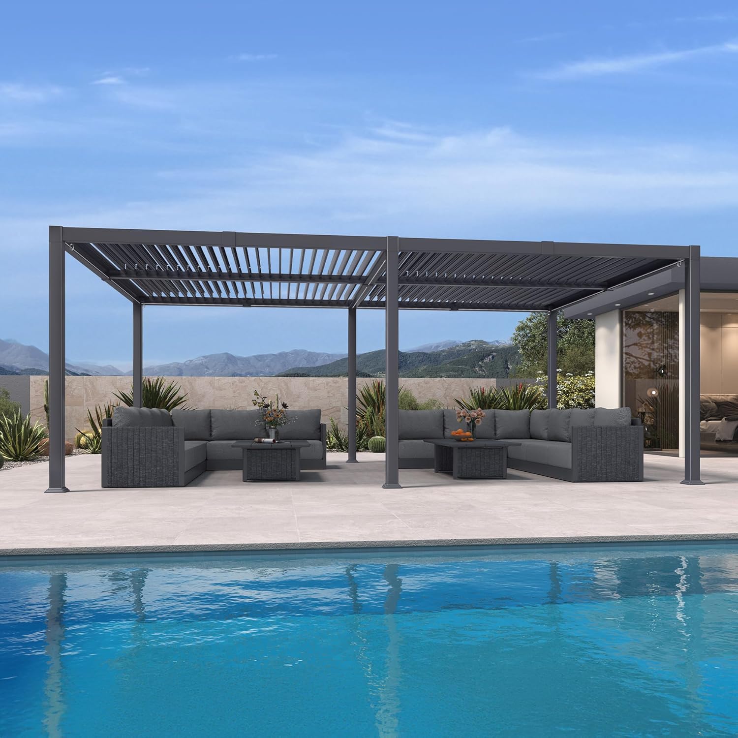 jardinito - Pergola bioclimatique - 4x6m - alu lames LED gris