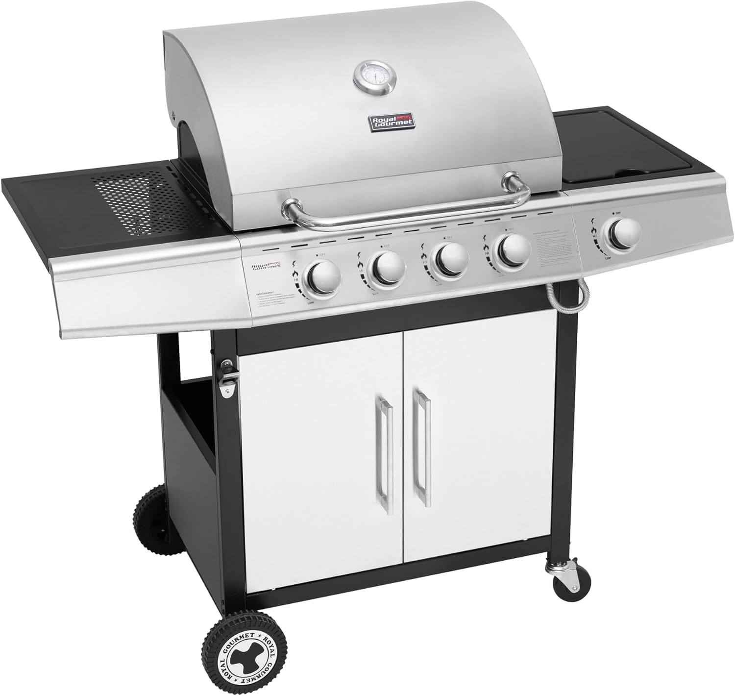 jardinito - Barbecue Gaz 4+1 brûleurs inox - 14,5kW - 2 portes, thermomètre, roues directionnelles