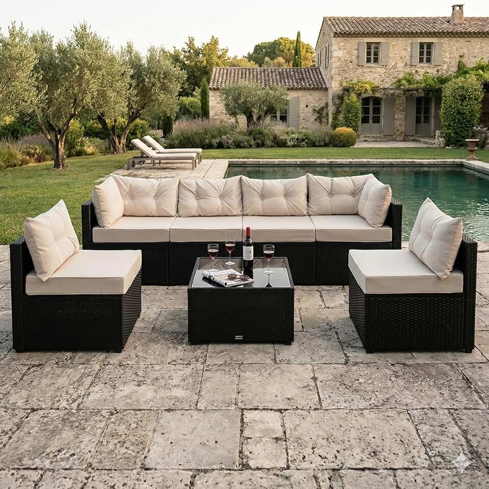 jardinito - NACULA - Salon de jardin 5 places, résine tressée, coussins beige, table basse verre, extérieur