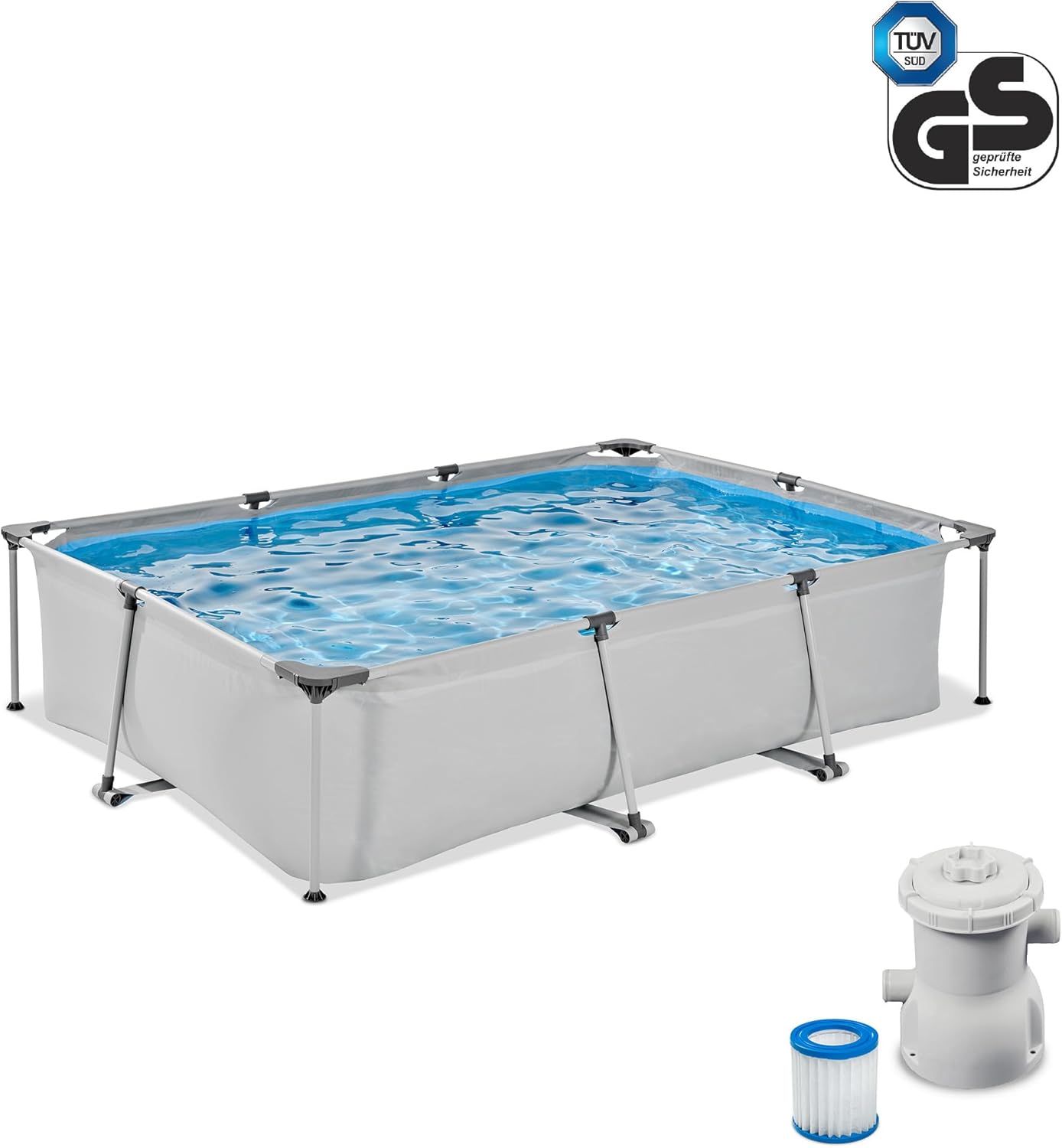 jardinito Piscine Soft Grey - 300x200x65cm - Piscine Hors Sol Rectangulaire avec Pompe Filtrante à Cartouche - Entrée Basse - pour Les Jeunes Enfants - Cadre Stable - Design Unique - Gris