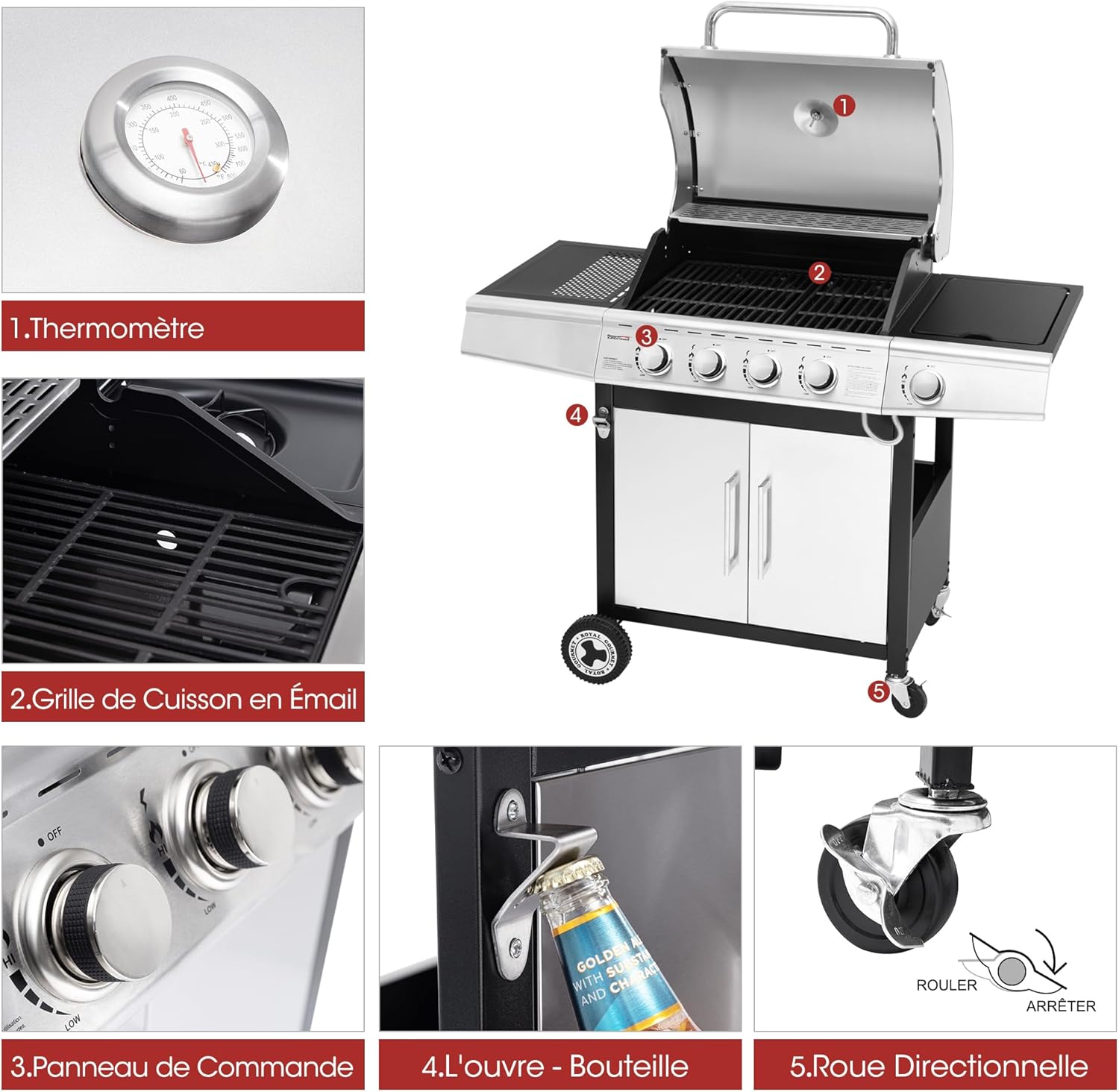 jardinito - Barbecue Gaz 4+1 brûleurs inox - 14,5kW - 2 portes, thermomètre, roues directionnelles