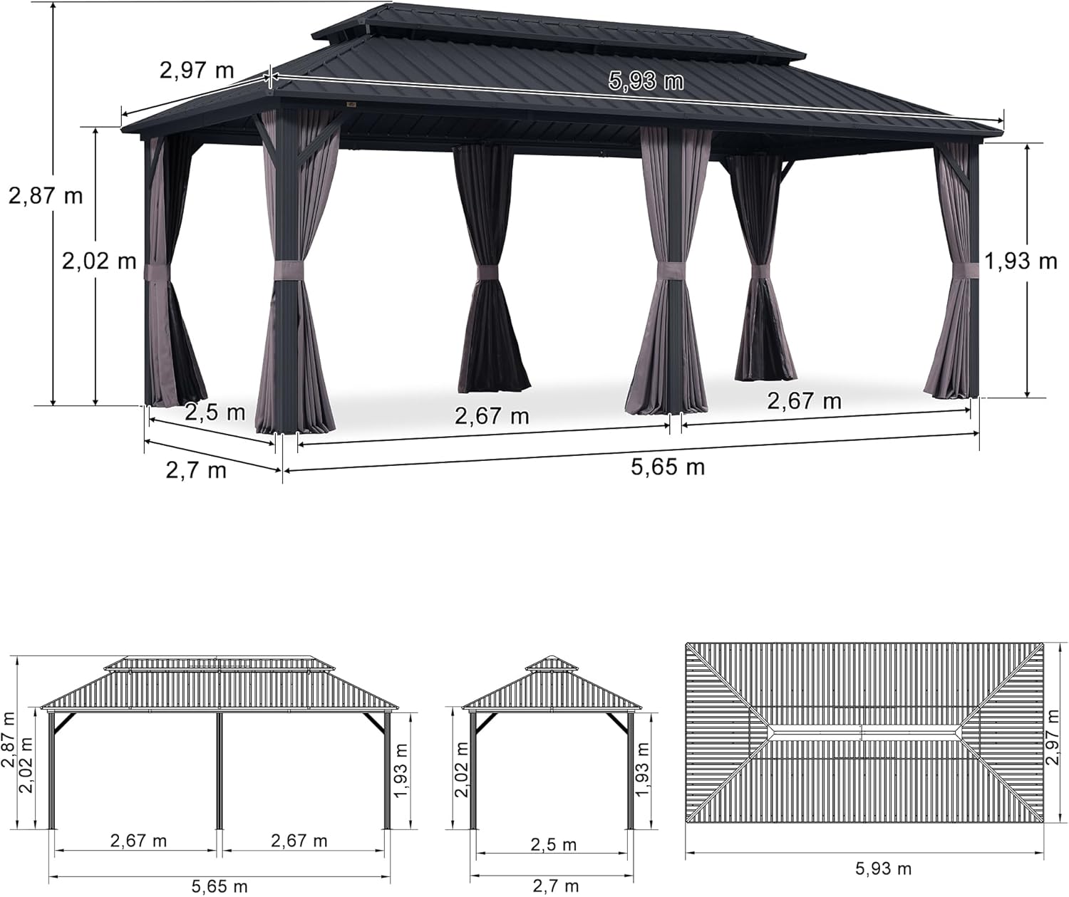 jardinito - pergola double toit 6x3m, alu & acier, rideaux & moustiquaire