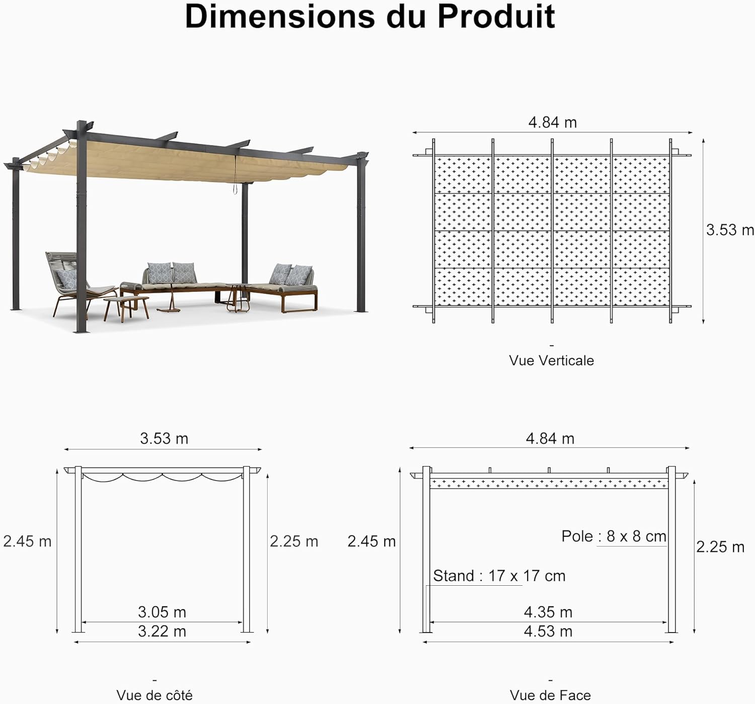 jardinito - pergola aluminium série LED - 4,8x3,5 m - toit rétractable, structure résistante, kaki