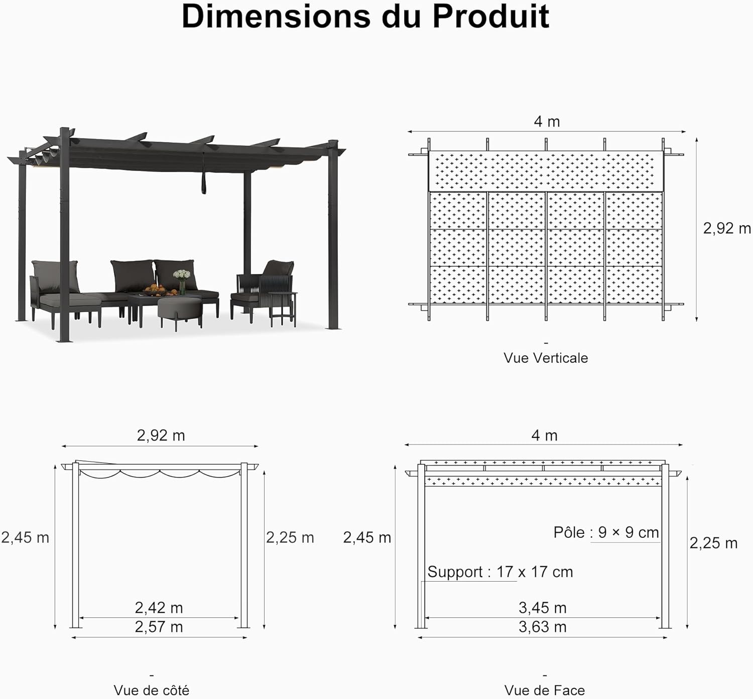 jardinito - Pergola aluminium série - 4x3m - toit rétractable, imperméable, gris