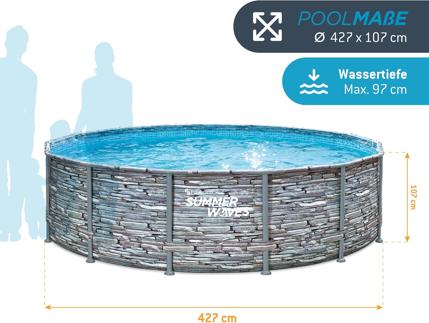 jardinito - Frame Pool Kit rond - 427x107 cm - aspect pierre grise, pompe à filtre