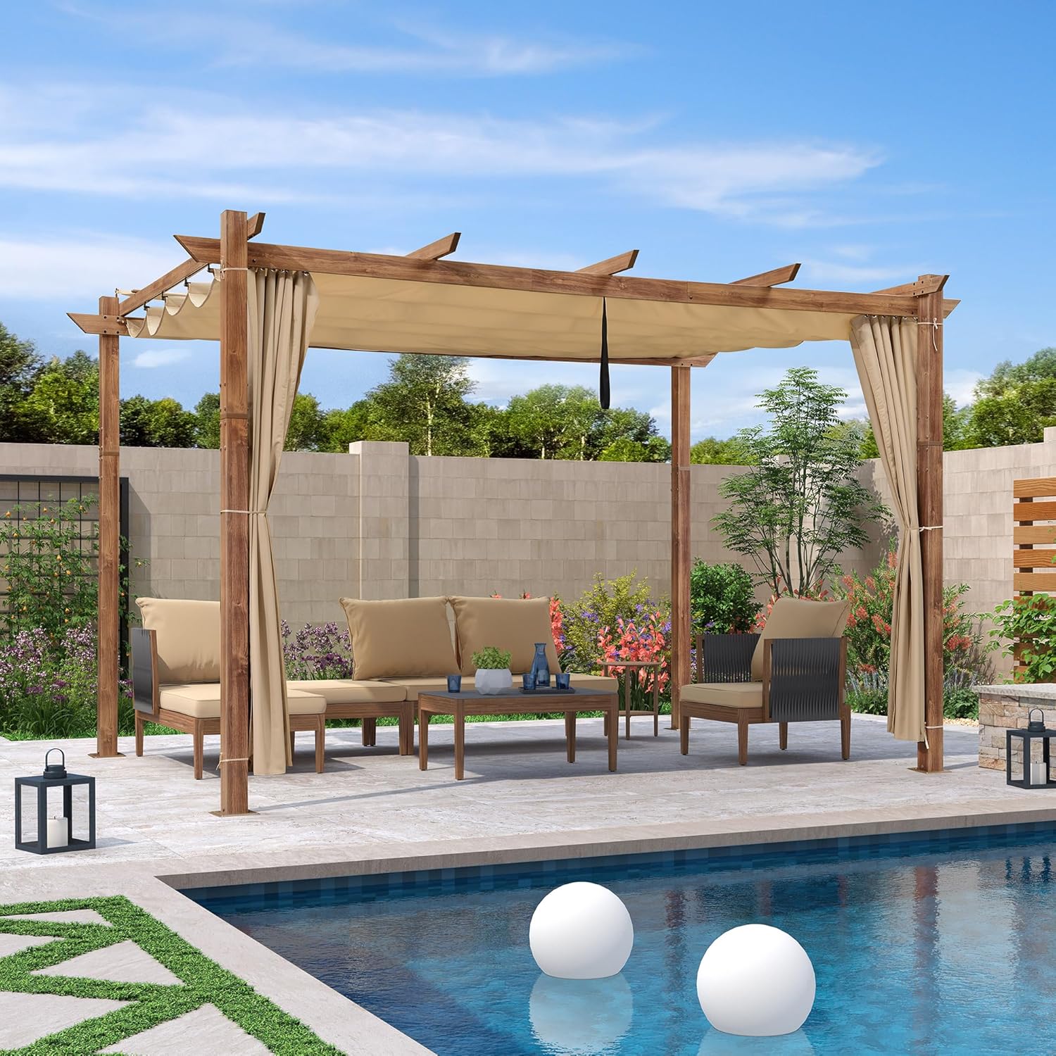 jardinito - Pergola alu finition teck 4x3m - toile rétractable, rideau, kaki