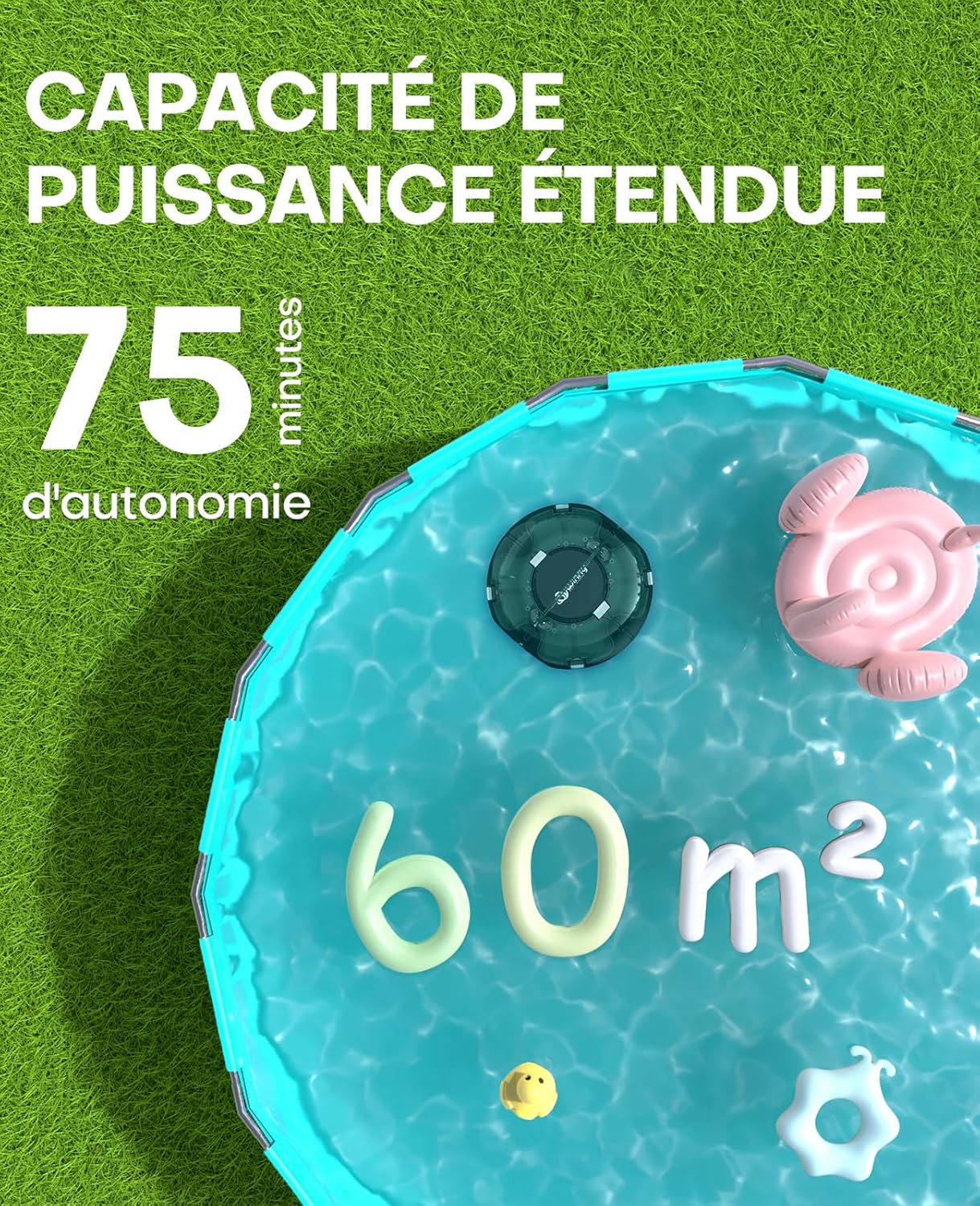 jardinito Winny 200 Robot Piscine, Aspirateur Piscine Sans Fil Avec Batterie, Autonomie 75 Min pour Piscines Hors-Sol 60m², Double Filtration,Stationnement Automatique(Transparent Vert Blanc)