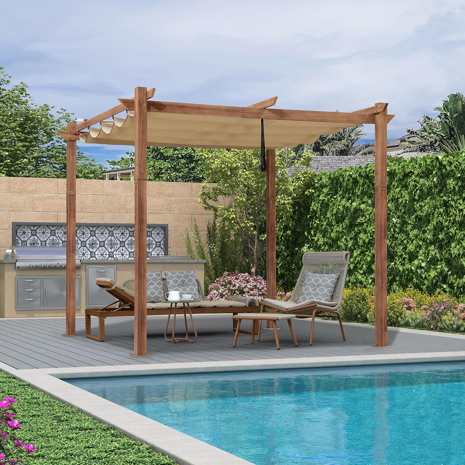 jardinito - pergola aluminium - 3x3m - teck, toile rétractable, kaki