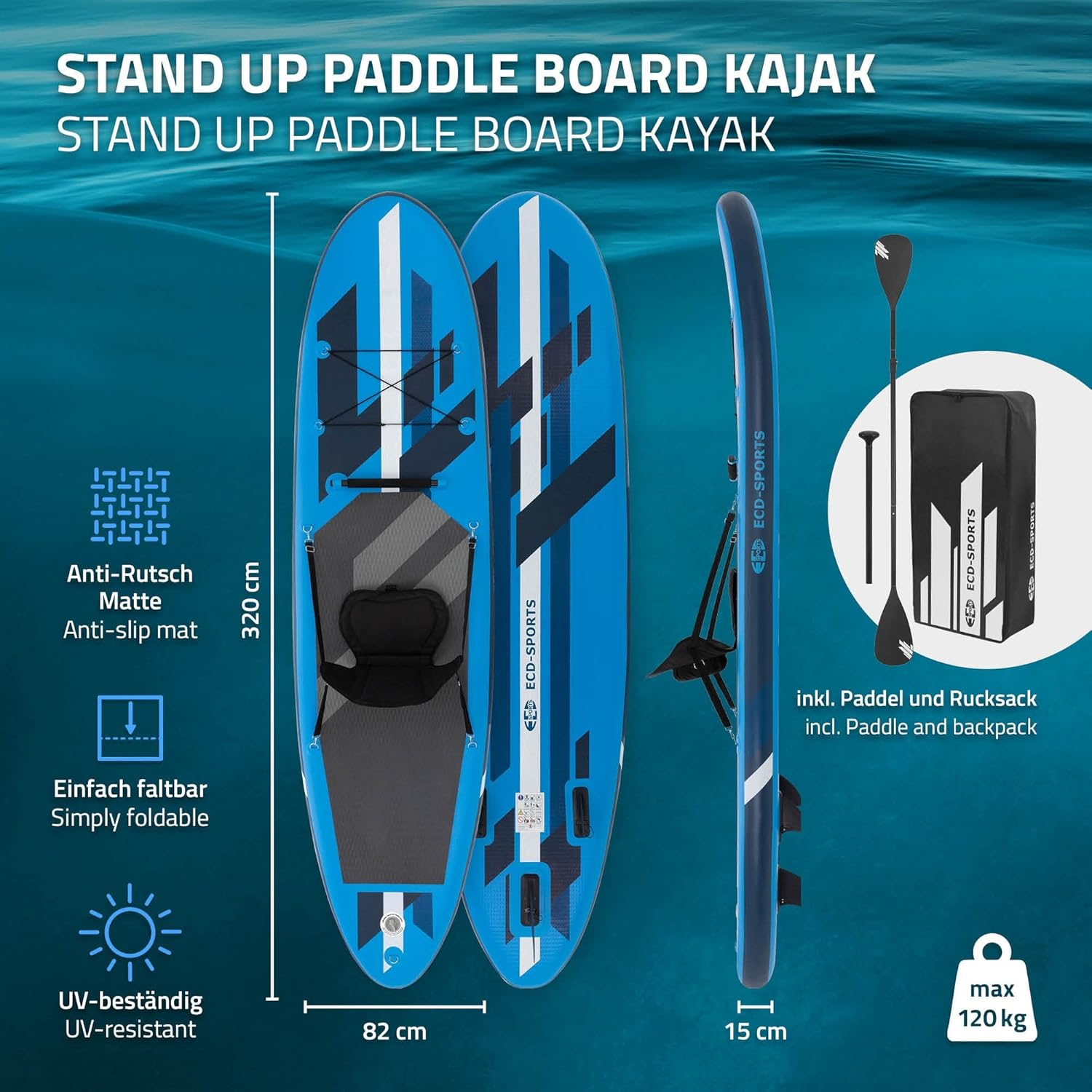 jardinito Stand Up Surf Paddle Board Gonflable 305/308/320/380 cm | PVC | jusqu'à 120/150 kg | Épaisseur 10/15 cm | Planche de Surf Pagaie Sac de Transport Pompe à Air | Diverses Couleurs Modèles