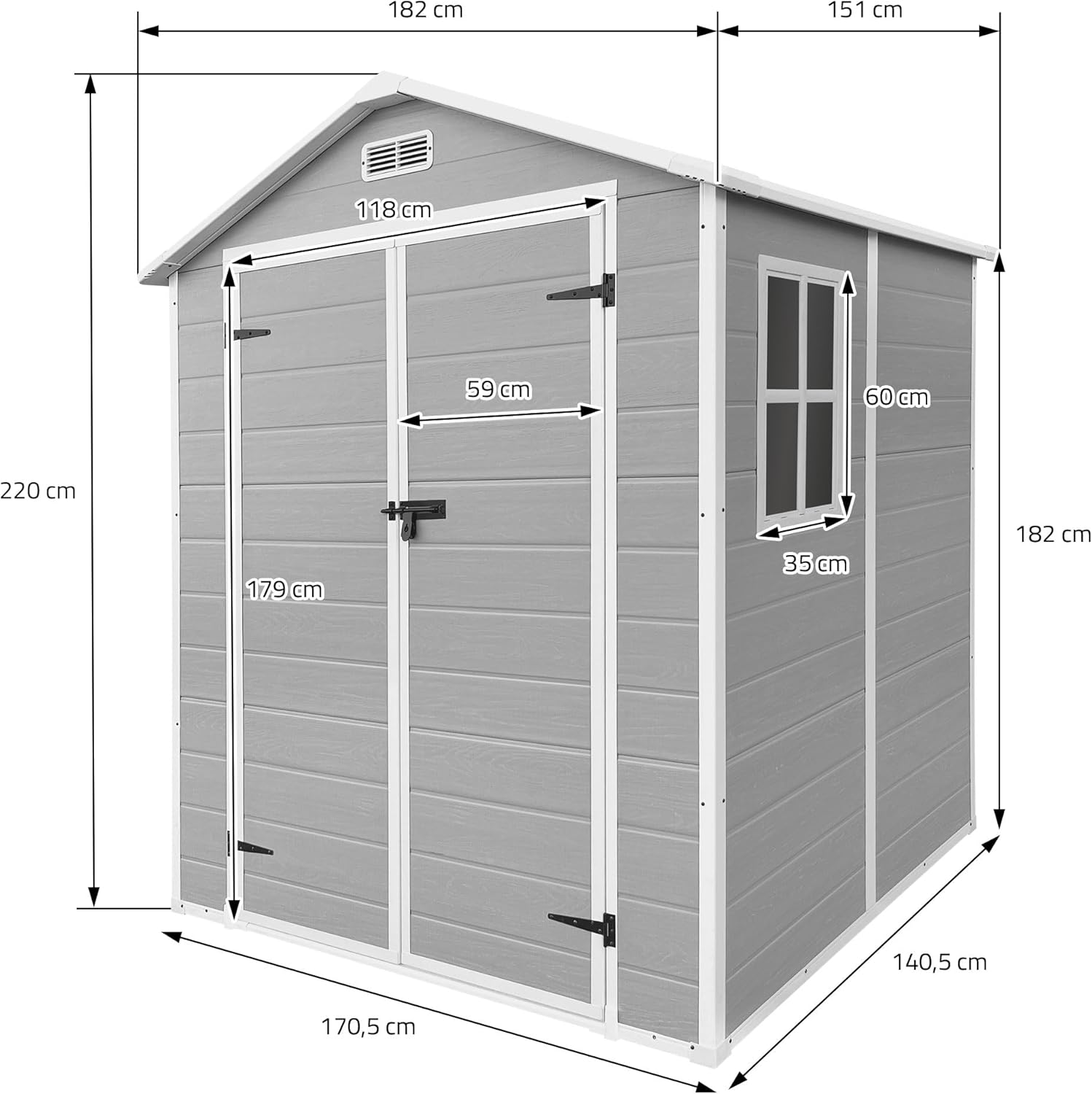 jardinito - abri de jardin résine, 151x182x220 cm, double porte, fenêtre, 5m³