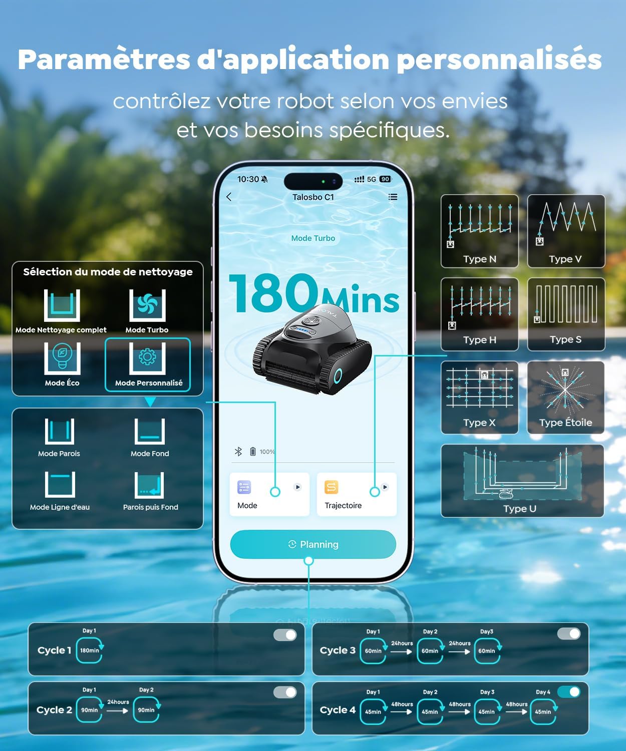 C1 - Robot piscine sans fil, fond et parois, 150m², 3 moteurs, applis, 170min - C1