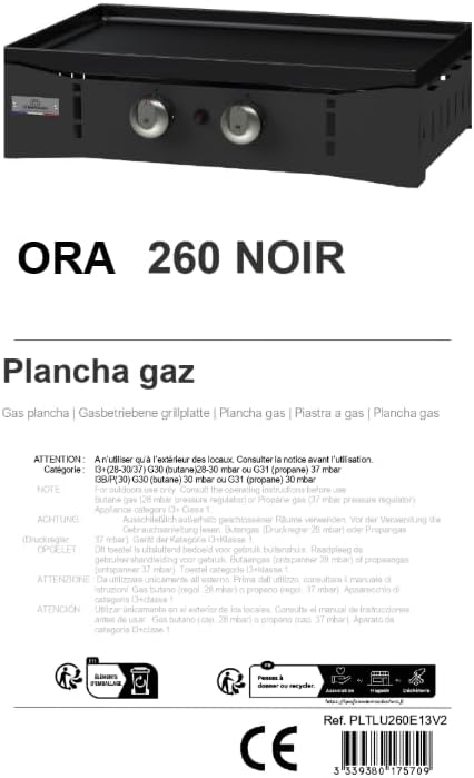 Marque - jardinito Plancha Ora Gaz - 260 Noire - Plancha gaz robuste et compacte, surface de cuisson large.