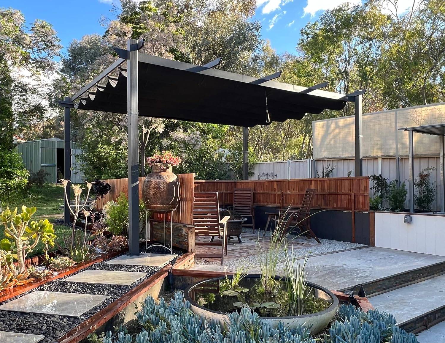 jardinito - pergola aluminium - 4,8x3,5m - LED, toit rétractable, tissu mass teinté, structure résistante