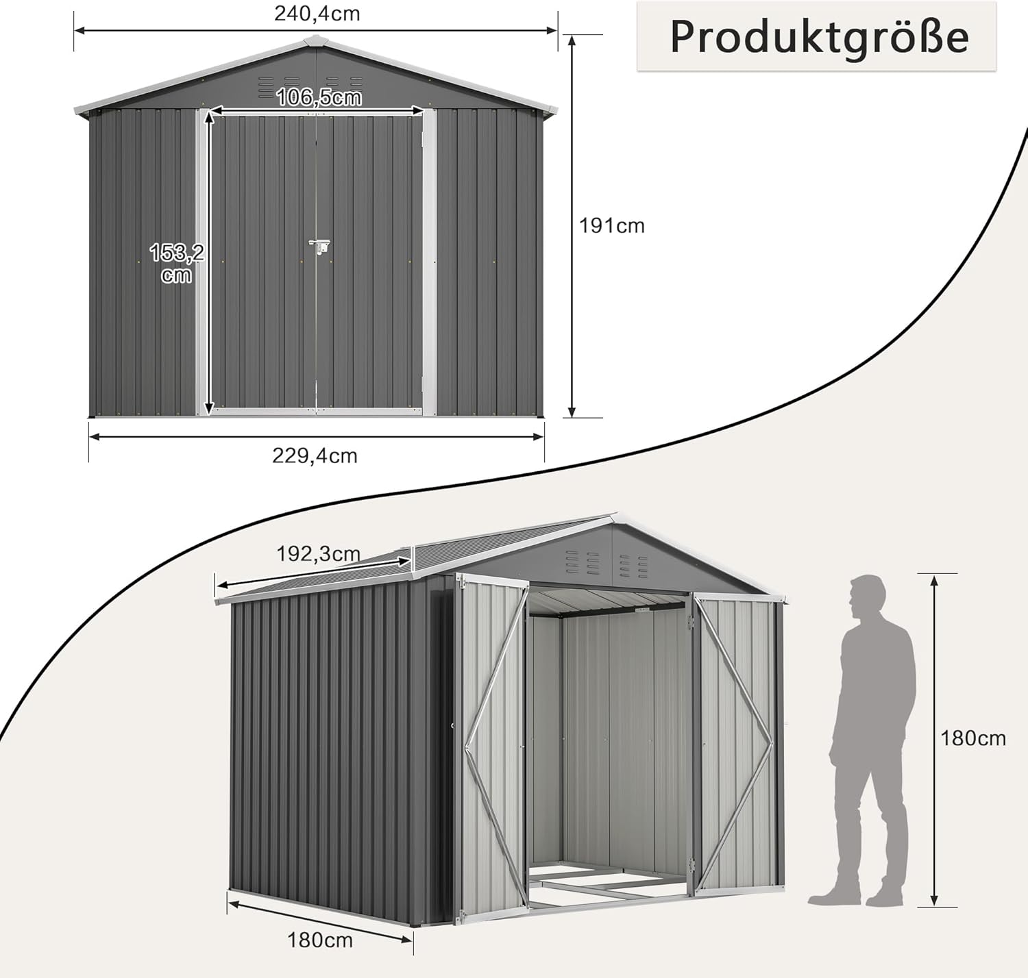 Abri de jardin métal – robuste, 2,4 x 1,8 m, porte rabattable, résistant intempéries, terrasse