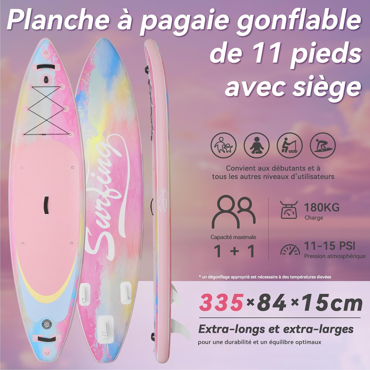 jardinito - Paddle Gonflable Série Adulte - 320/335cm - 2 places, siège kayak, pagaie alu, support caméra, pompe, 150kg