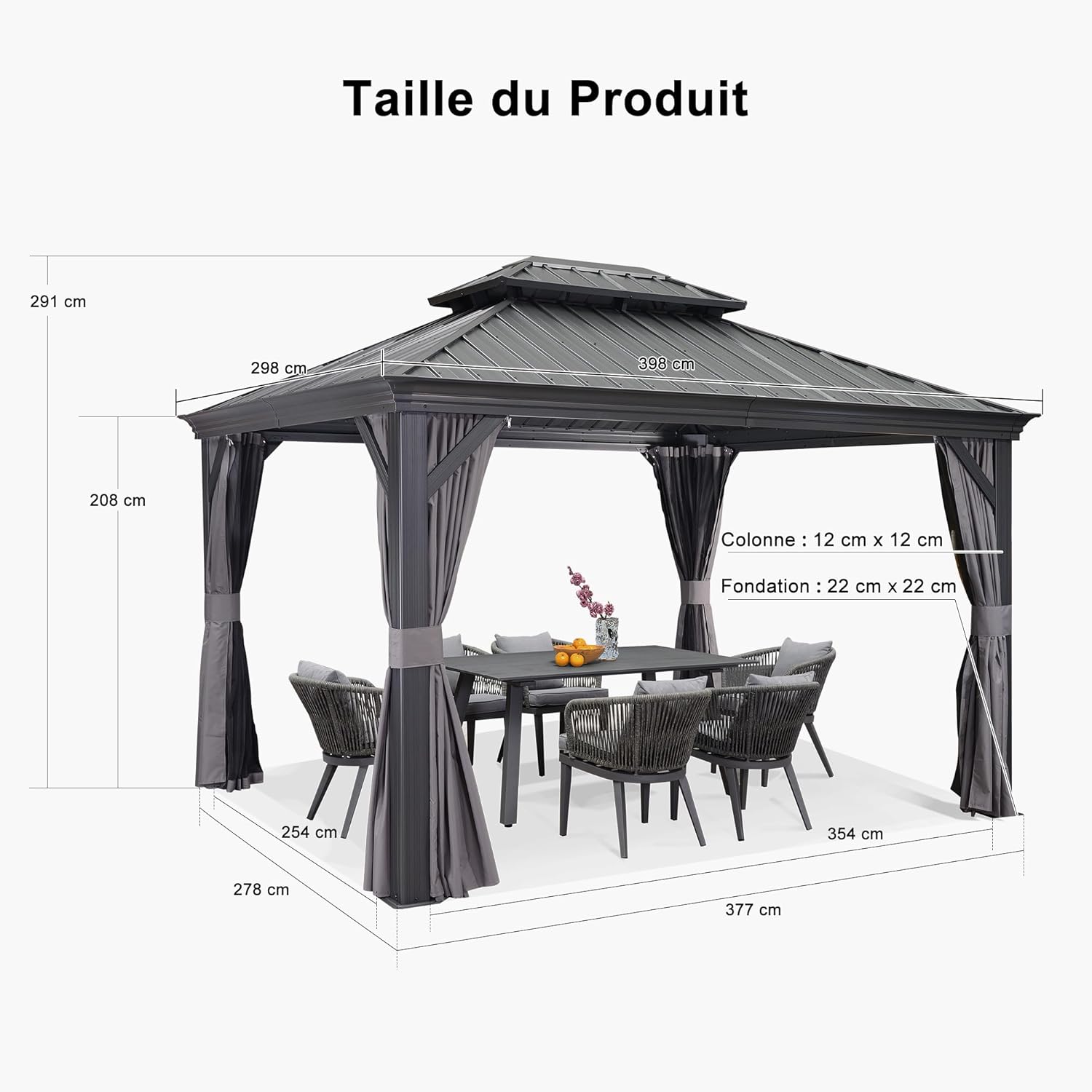 jardinito - tonnelle jardin série toit rigide - 3,65x3m - acier galvanisé, gouttière, rideaux épais