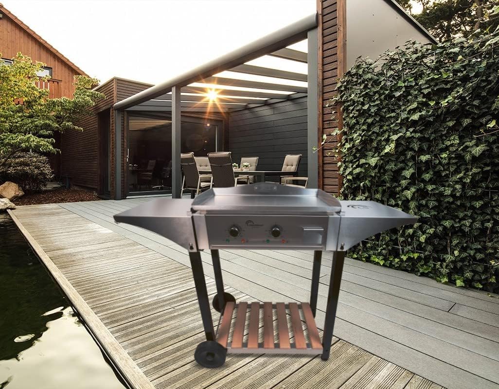 jardinito - Chariot plancha Aquitaine Pro - inox/bois, roulettes, dessertes latérales - 8477