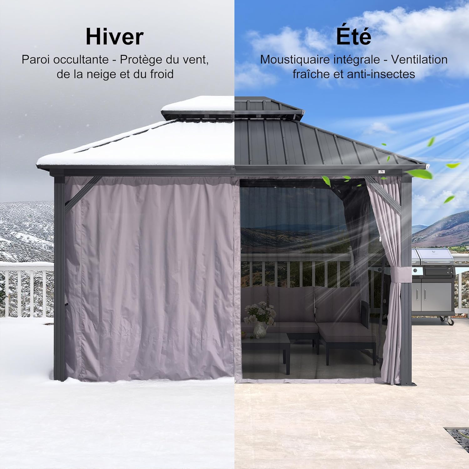 jardinito - Pergola aluminium double toit 3,65x3m rideaux moustiquaire