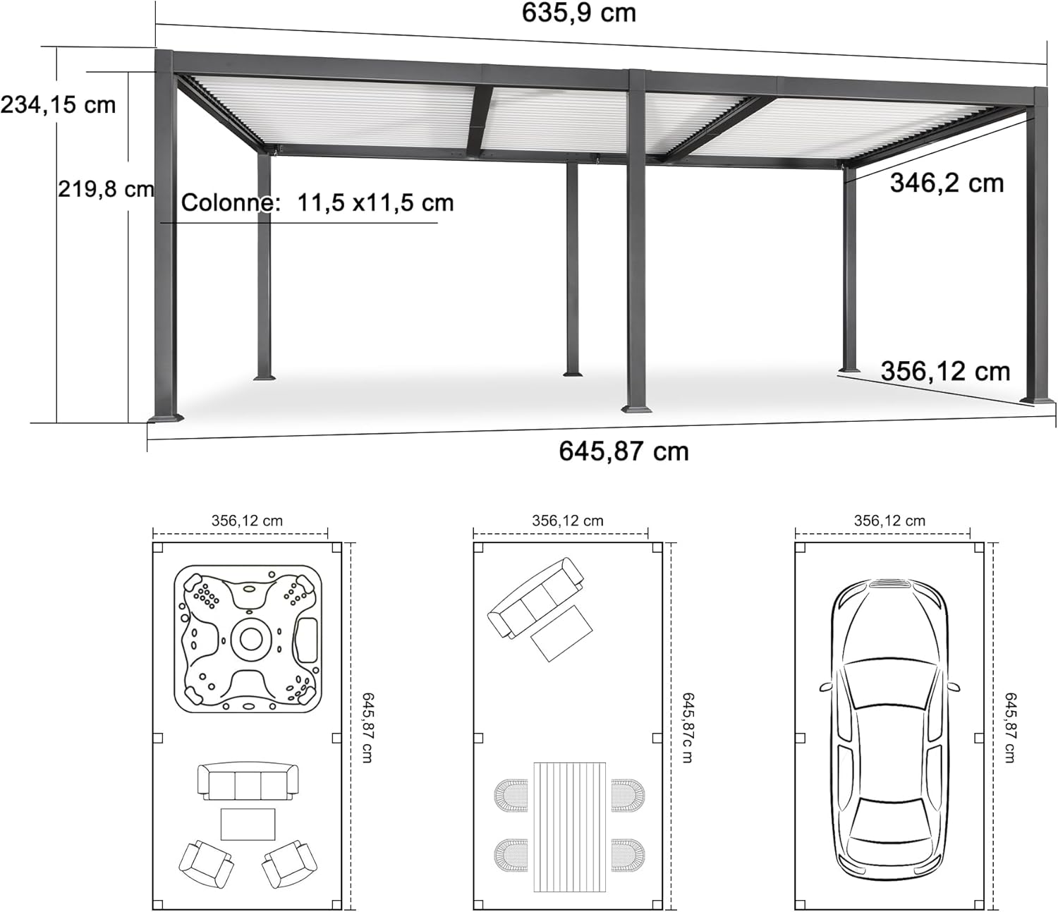 jardinito - Pergola Bioclimatique - 6,35x3,5m - Aluminium, éclairage, lames orientables, poteaux blancs