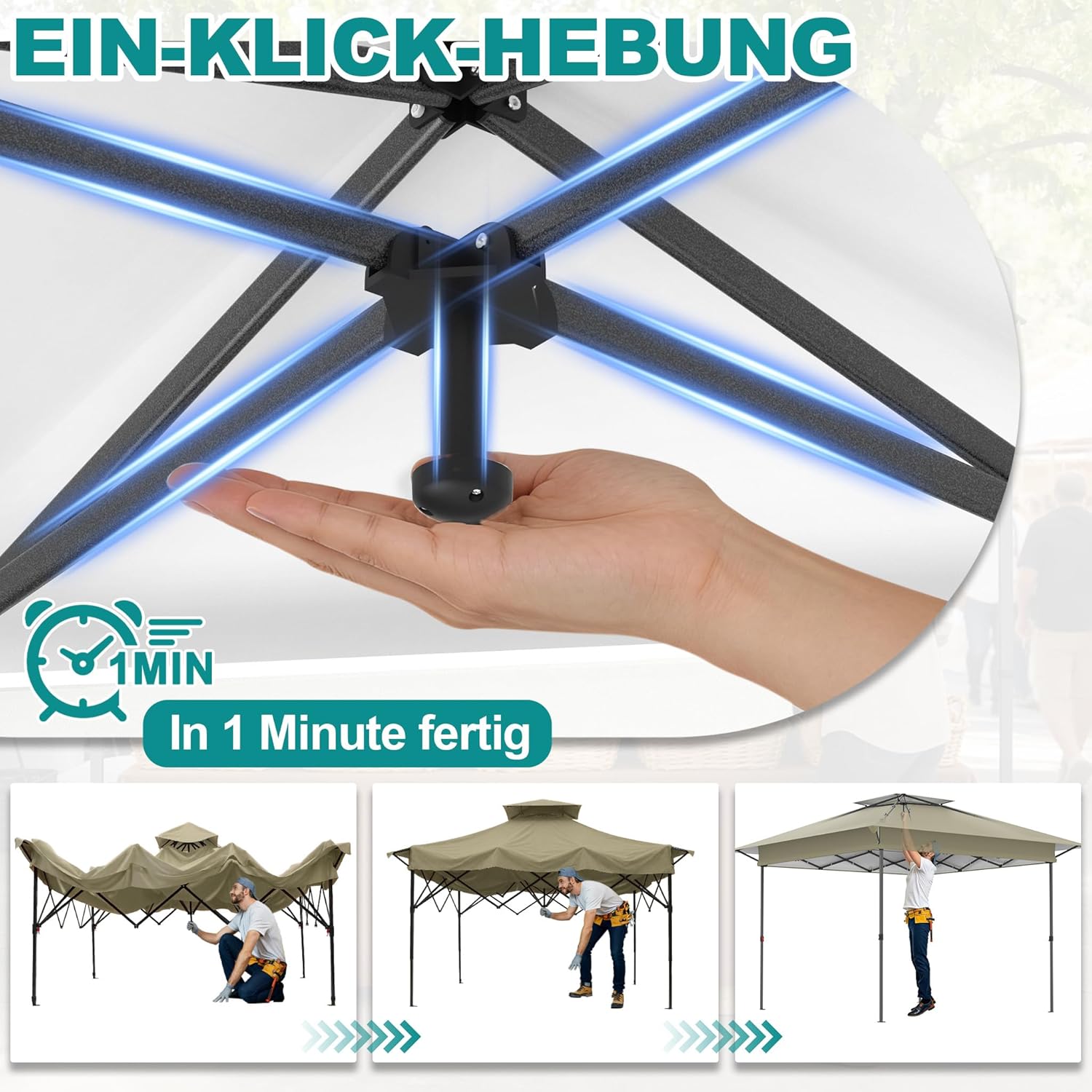 Tonnelle de jardin pop-up, 4x4m, imperméable, UV, pliable, kaki