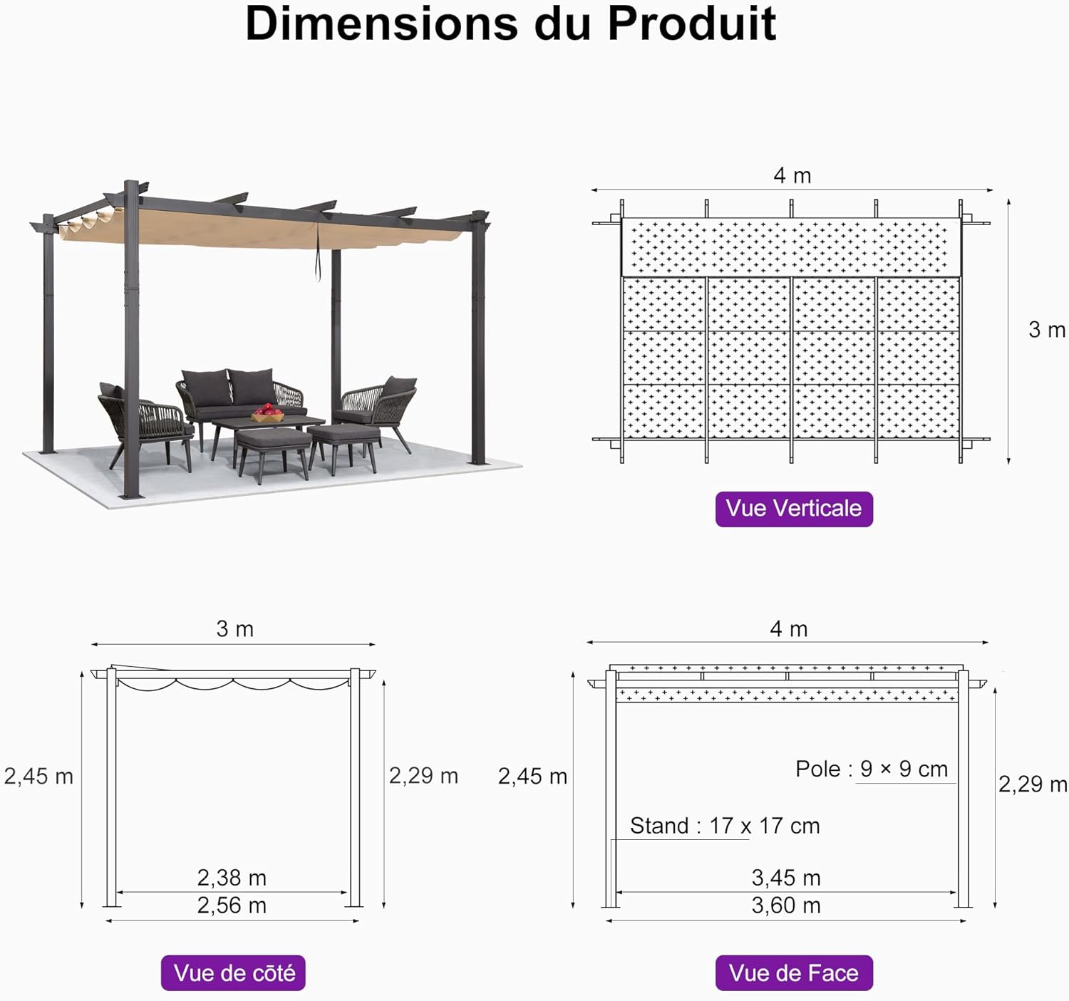 jardinito - Pergola Aluminium - 4x3m - Toit coulissant, tissu kaki