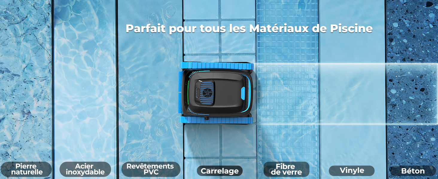 Le texte se lit comme suit : « Parfait pour tous les matériaux de piscine ». Dispositif d'affichage numérique ou jauge avec fond de quadrillage bleu montrant le tableau de référence de compatibilité des matériaux de piscine avec les catégories étiquetées.