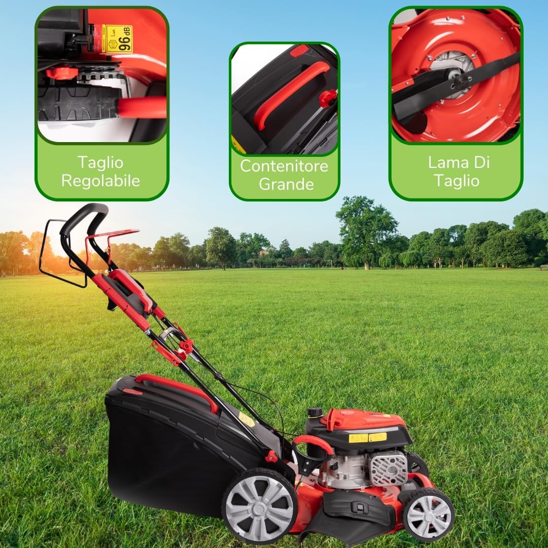jardinito Tondeuse à gazon à explosion automotrice 4in1-4 CV, Tondeuse à gazon thermique autoportée - Moteur 170cc 4 temps avec autotraction - Largeur de coupe 51 cm - Mulching - Panier de collecte 60L