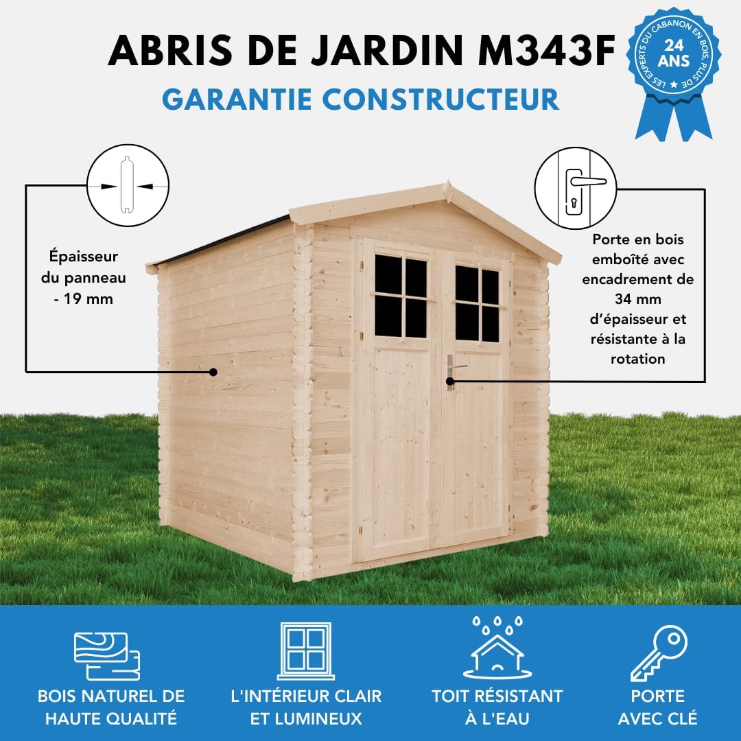 Abri de Jardin en Bois avec Sol TRAITÉ Porte verrouillable de Haute qualité - Stockage extérieur I216xL206xH218 cm/ 3.53 m2 - Toit imperméable, fenêtres jardinito M343F+M343G