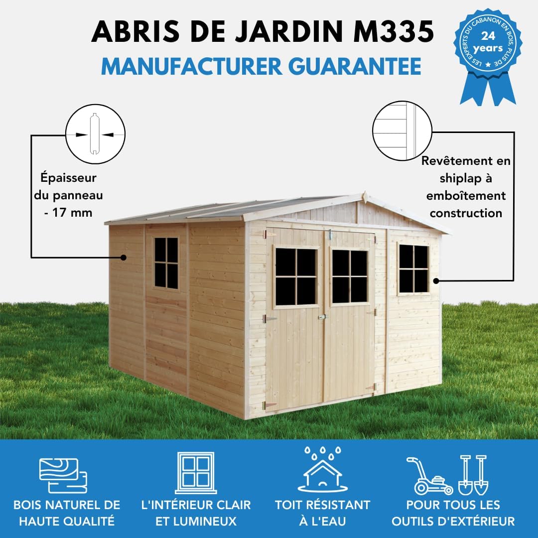 ABRI de Jardin en Bois Exterieur avec Les PLANCHERS IMPRÉGNÉ - Cabane de Jardin en Pin/épicéa- H226x316x324 cm/9 m²-Construction de Panneaux- Rangement pour vélos, Remise à Outils- jardinito M335+M335G