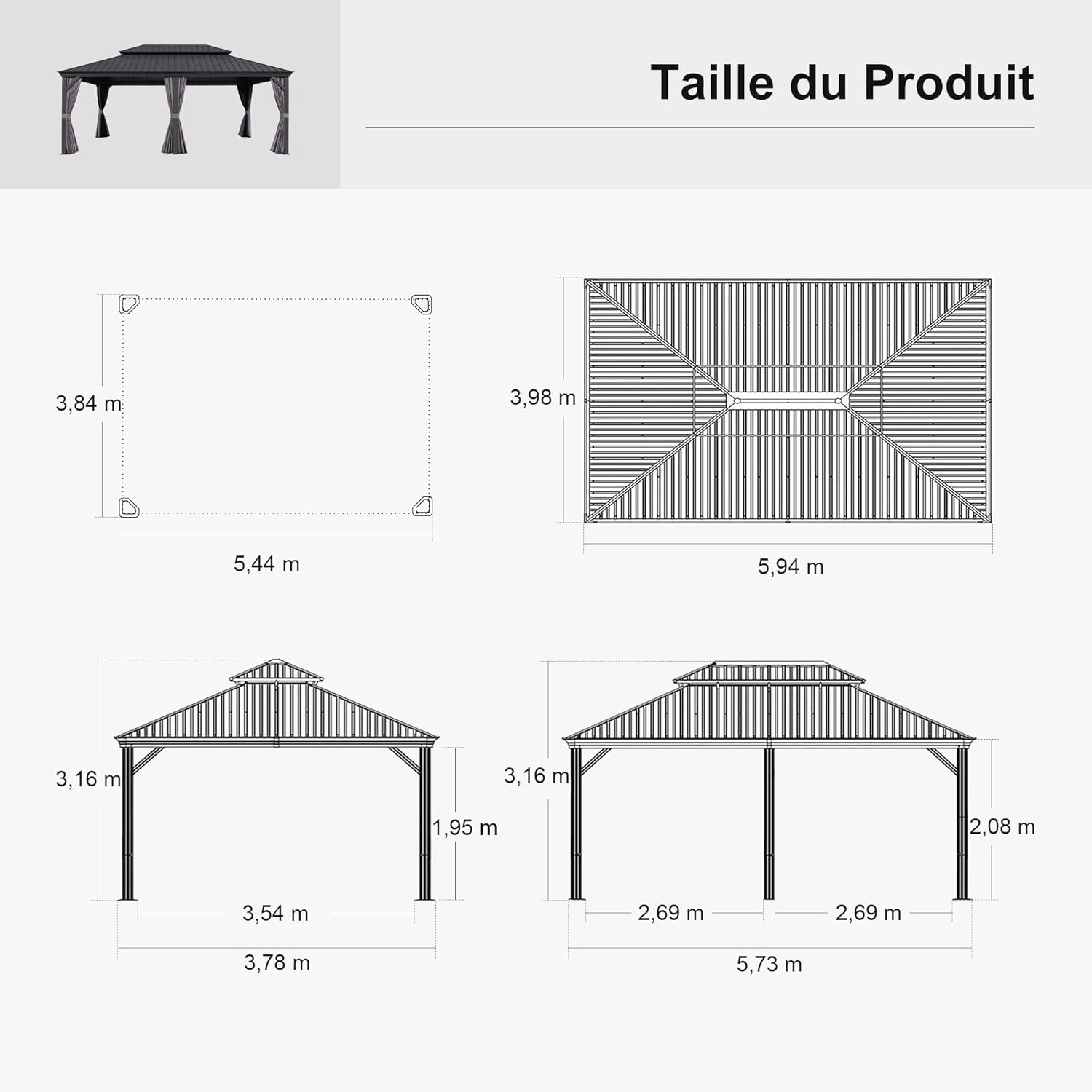 jardinito - Pergola Série Extérieur - 6x4m - Toit acier, moustiquaire, rideaux, gouttière