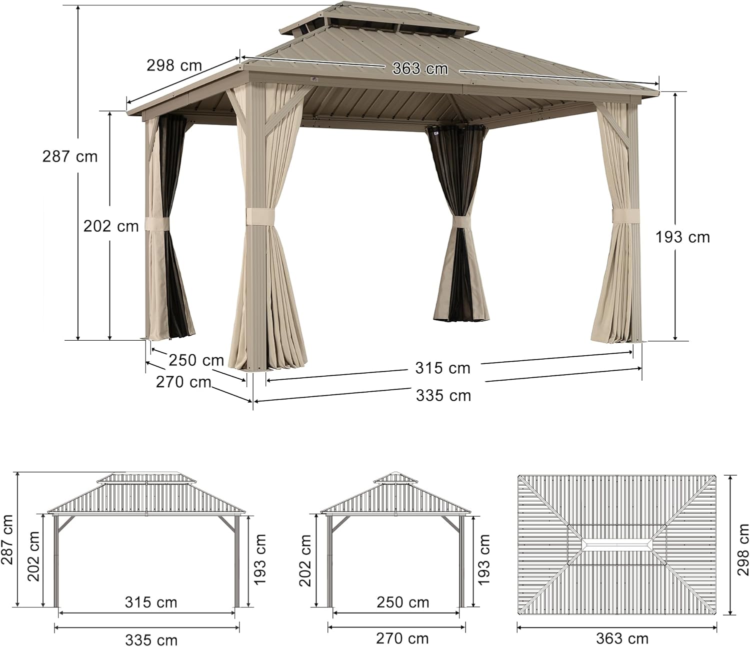 jardinito - pergola aluminium - 3,65x3m - double toit, moustiquaire, rideaux