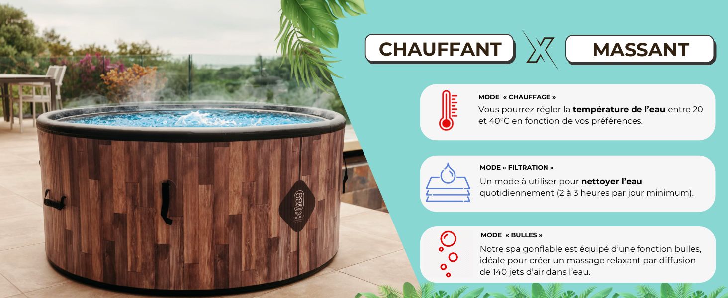 Bain à remous circulaire en bois sur terrasse avec vue sur l'eau. Le panneau d'information affiche les fonctions de chauffage, de nettoyage et de massage avec des icônes de contrôle de la température et de traitement de l'eau.