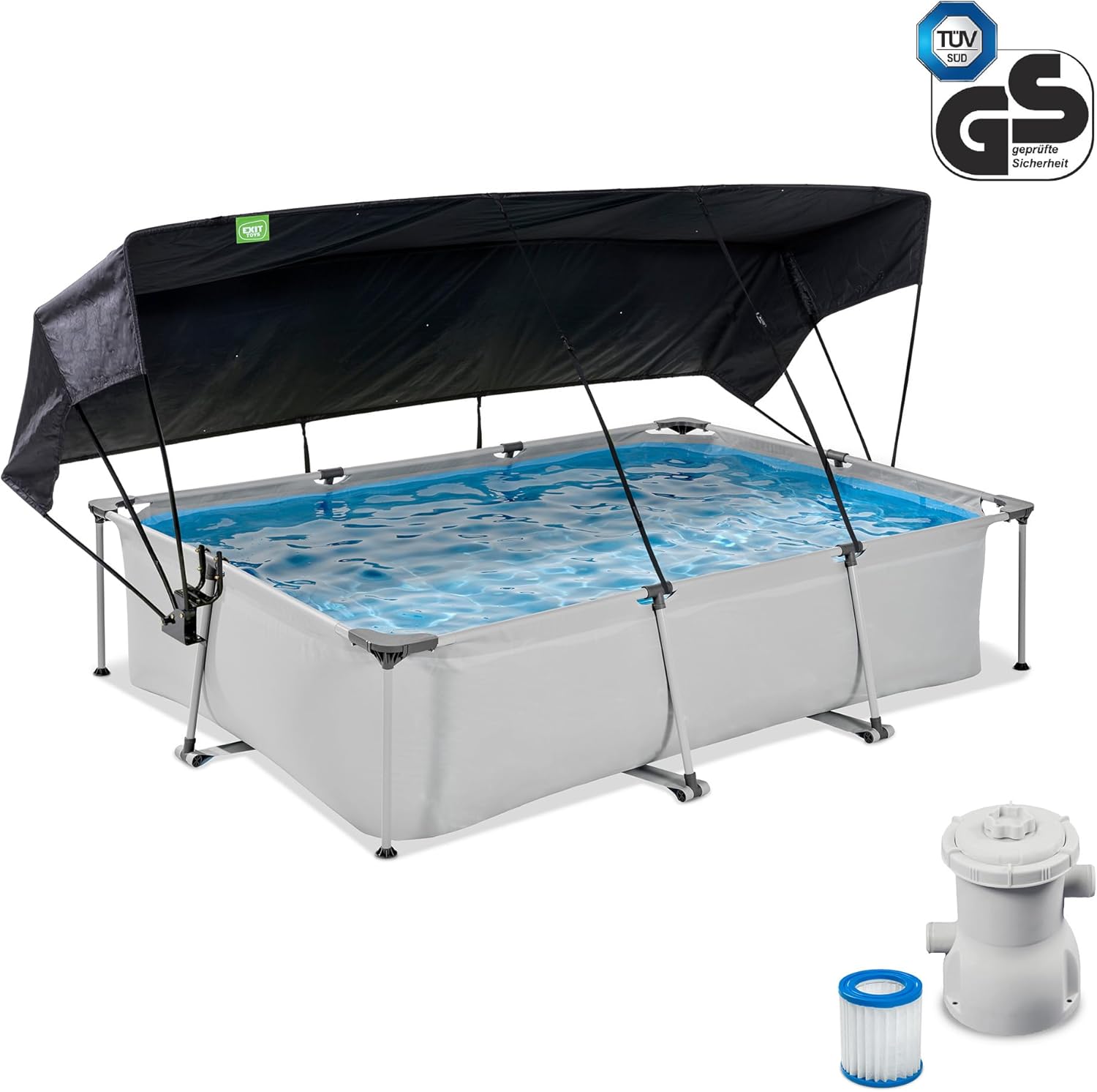 jardinito Piscine Soft Grey avec Voile d'Ombrage - 300x200x65cm - Piscine Hors Sol Rectangulaire avec Pompe Filtrante à Cartouche - Protection Optimale Contre Les Rayons UV - Entrée Basse - Gris