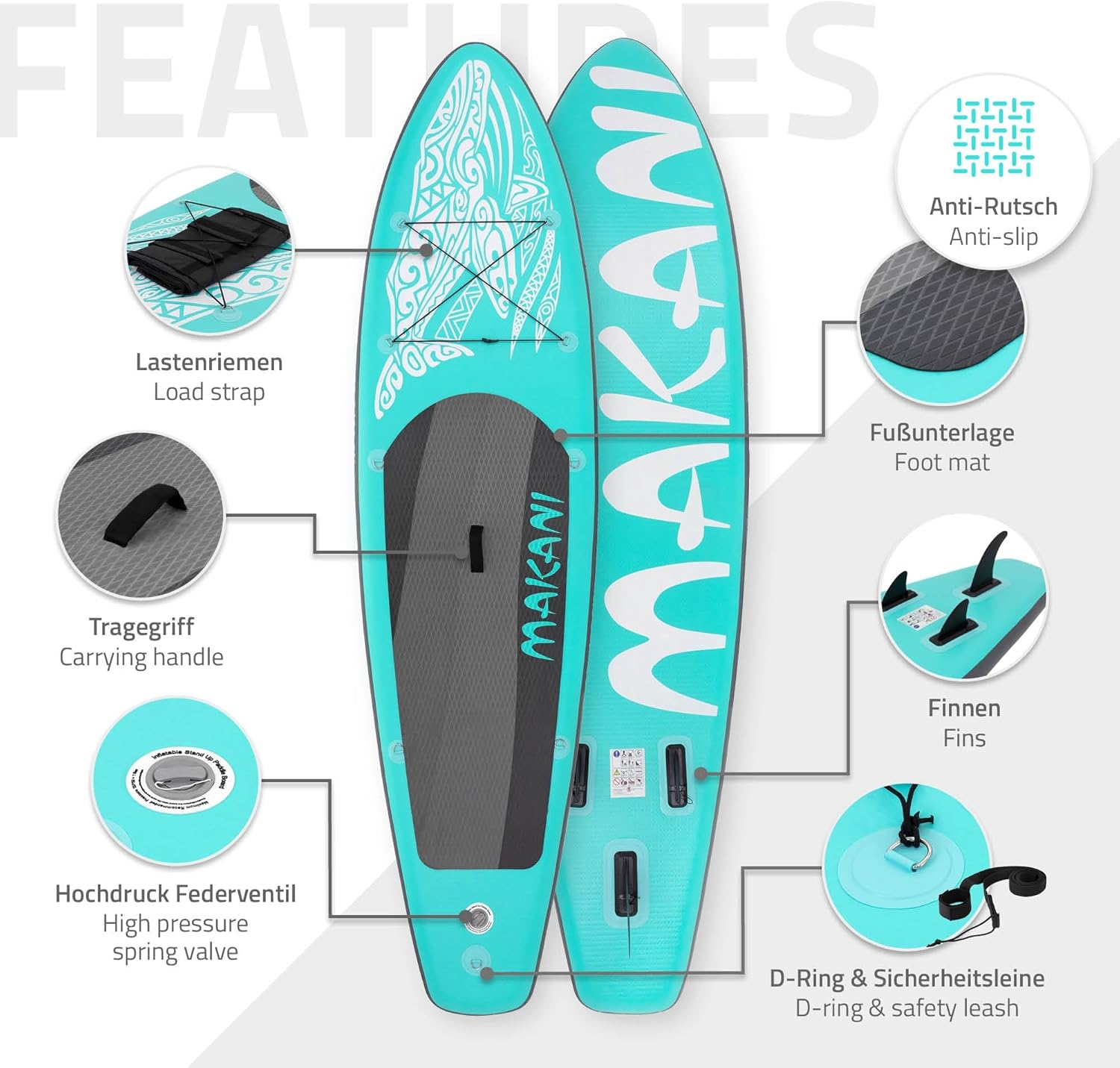 jardinito - Stand Up Paddle Board - 305/308/320/380 cm - PVC, jusqu’à 150 kg, 10/15 cm, sac, pompe