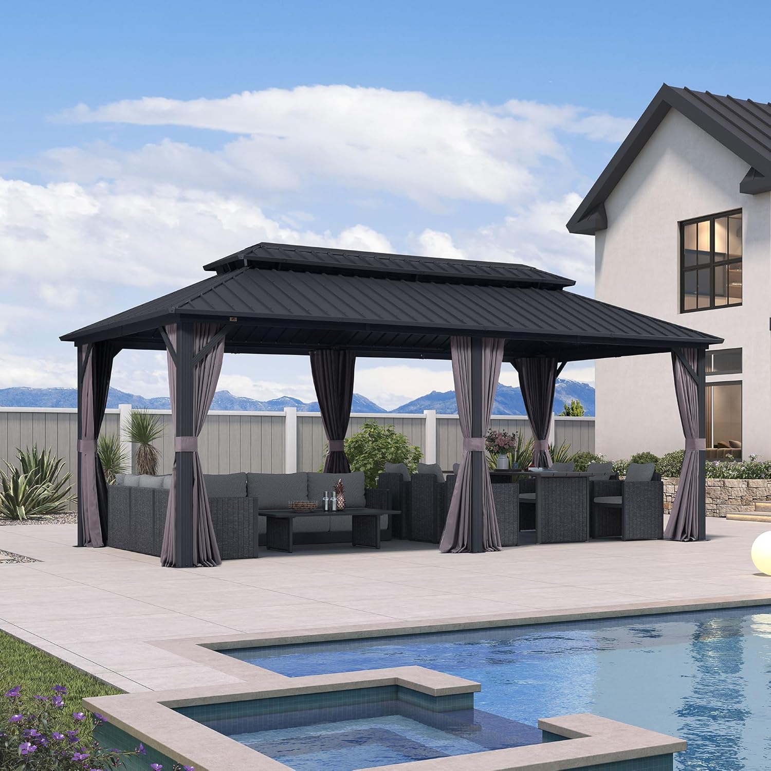 jardinito - pergola double toit 6x3m, alu & acier, rideaux & moustiquaire