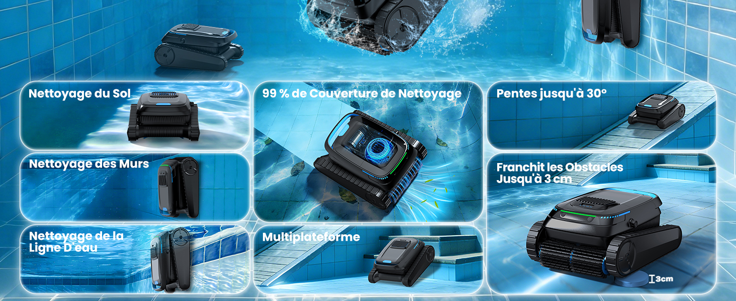 Grille de produits montrant plusieurs appareils électroniques et accessoires, notamment des appareils photo, des caméras d'action et d'autres équipements technologiques sur fond bleu avec des étiquettes textuelles.