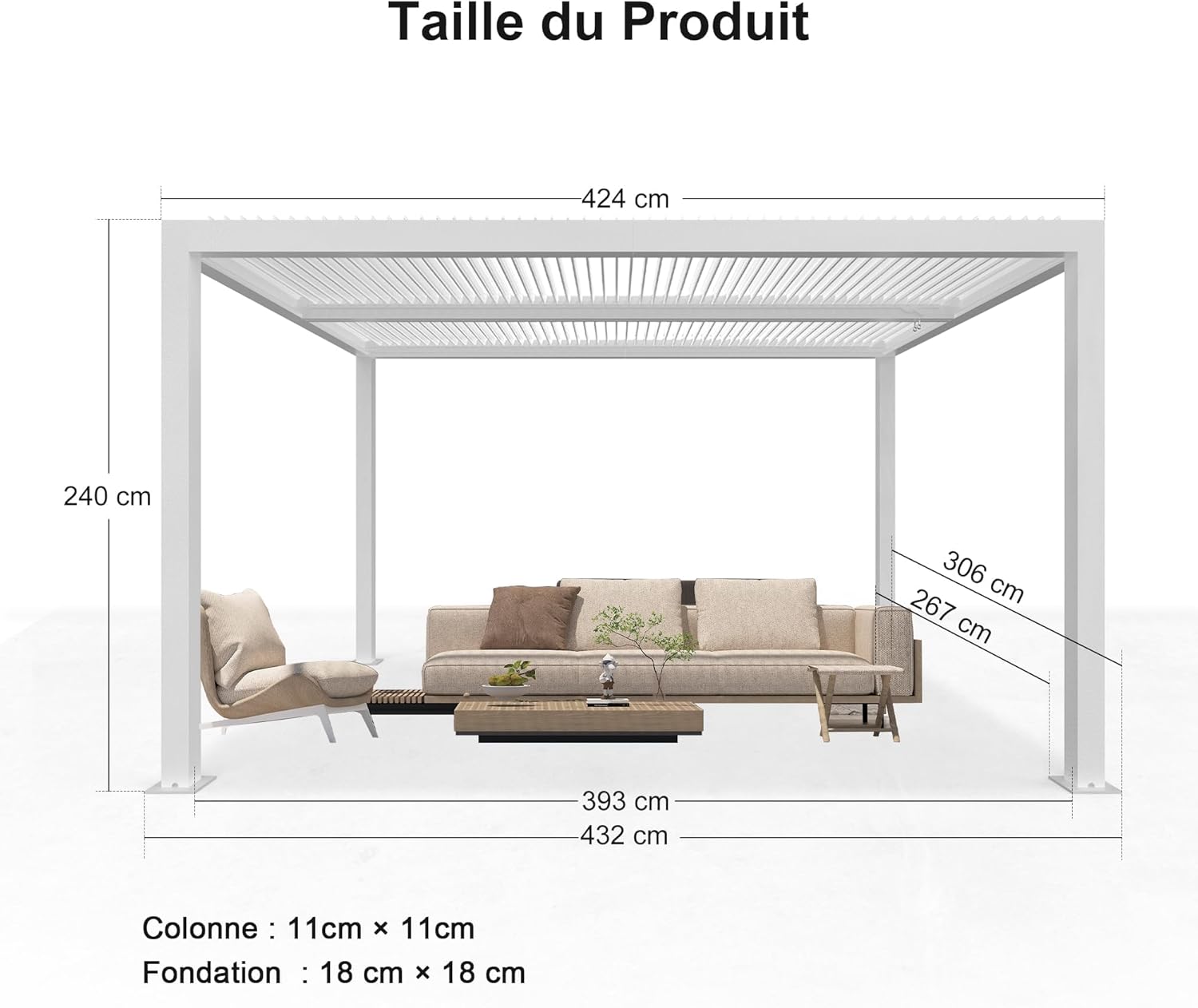 jardinito - pergola bioclimatique - 4,24x3m - aluminium, stores enrouleurs, lames orientables