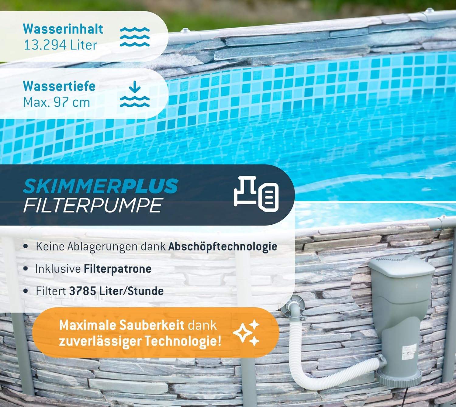 jardinito - Frame Pool Kit rond - 427x107 cm - aspect pierre grise, pompe à filtre