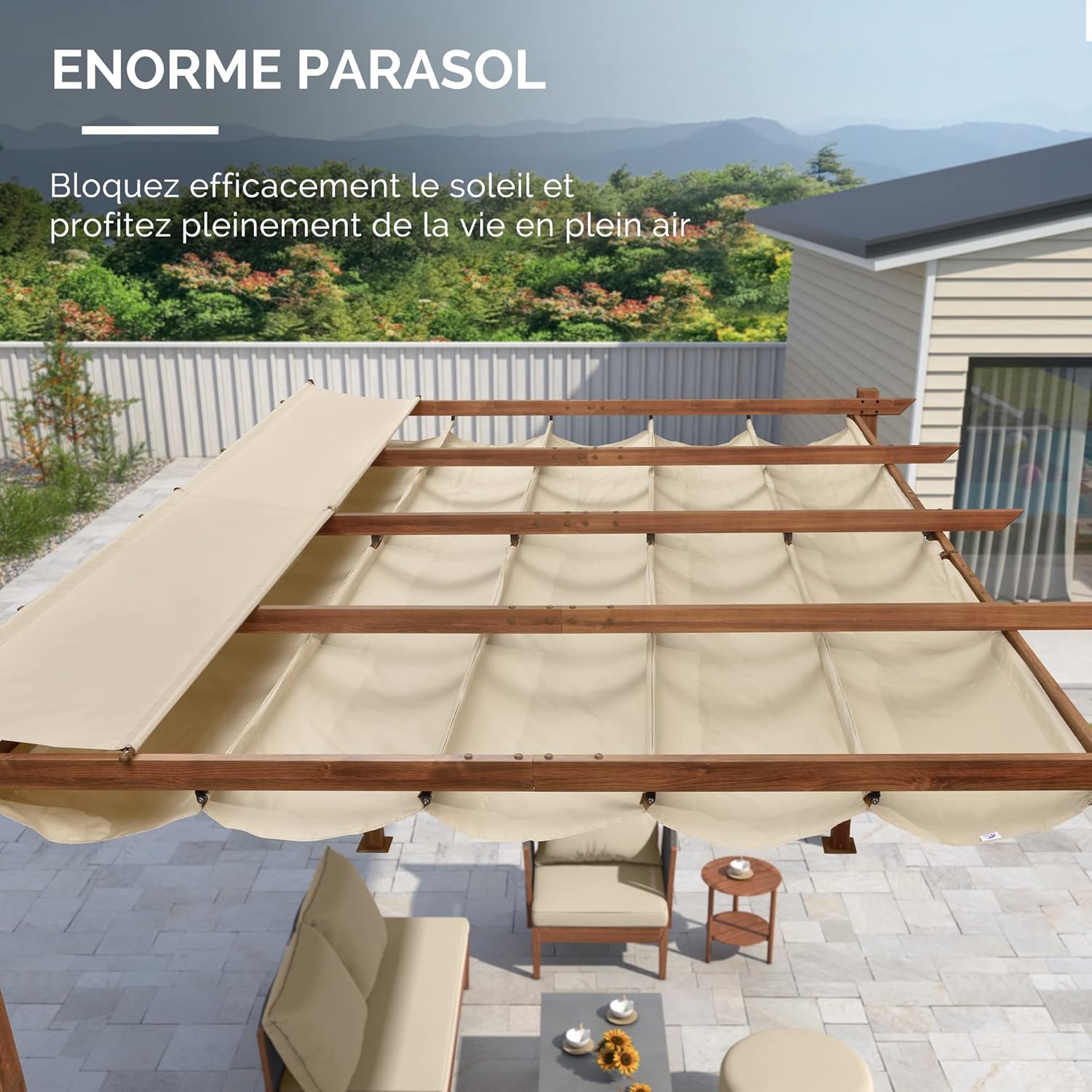 jardinito - Pergola aluminium 4x3m, toit rétractable, éclairage intégré, finition teck, kaki
