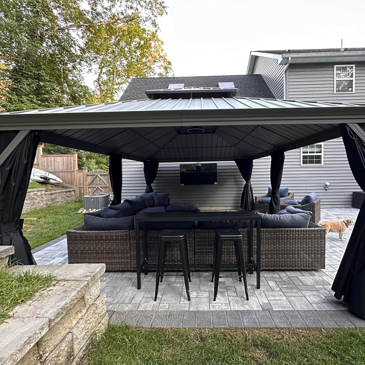 jardinito - pergola double toit - 4,25x6m - alu, rideaux, moustiquaire, guirlande